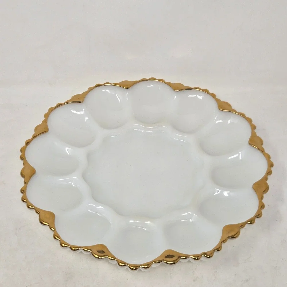 Fire-King Milk Glass Deviled Egg Plate Gold Trim Scalloped Serving‎ Platter 10